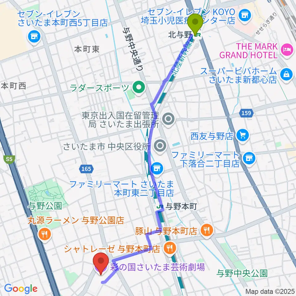 北与野駅から彩の国さいたま芸術劇場へのルートマップ地図