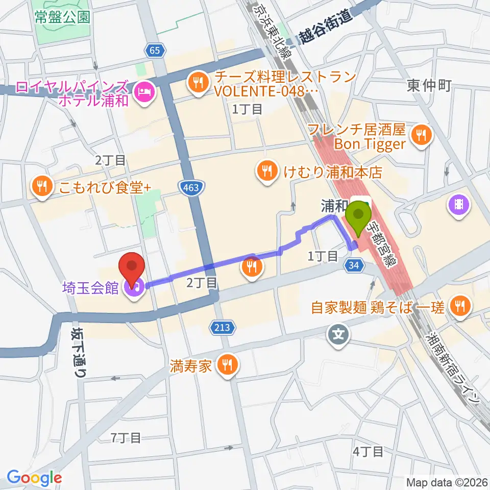 埼玉会館の最寄駅浦和駅からの徒歩ルート 約7分 Mdata