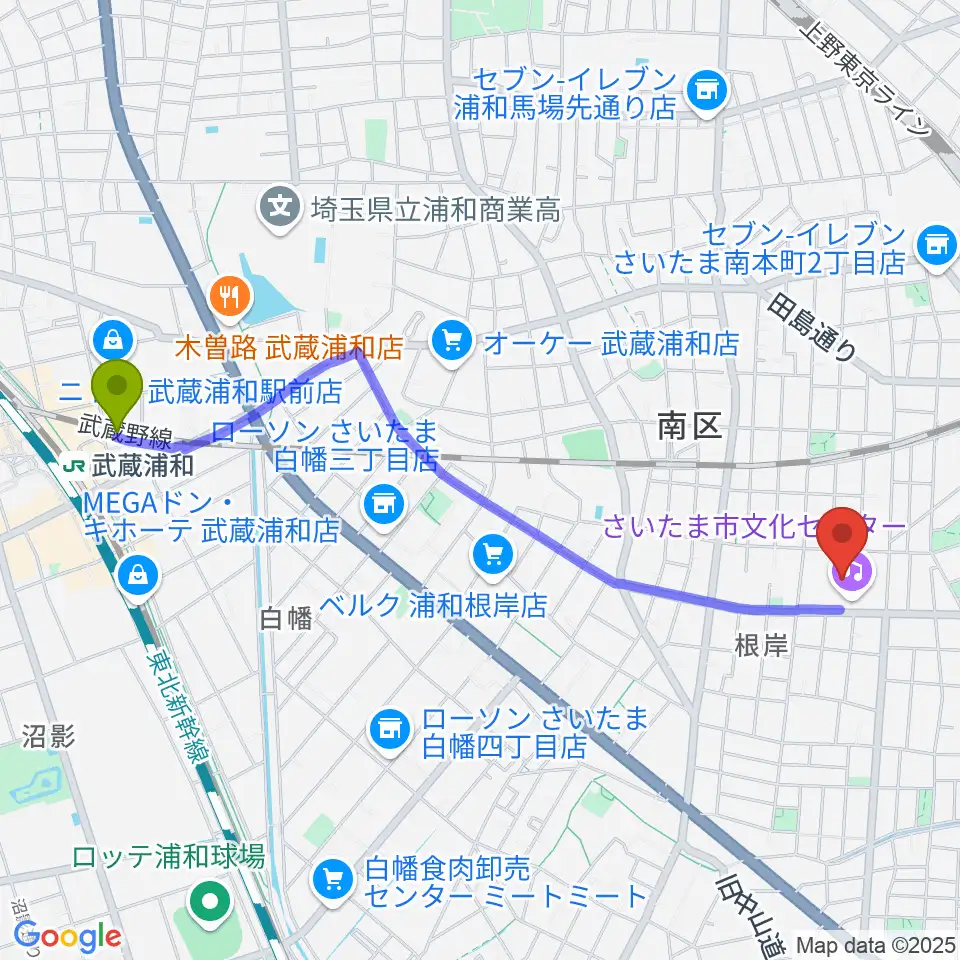 武蔵浦和駅からさいたま市文化センターへのルートマップ地図