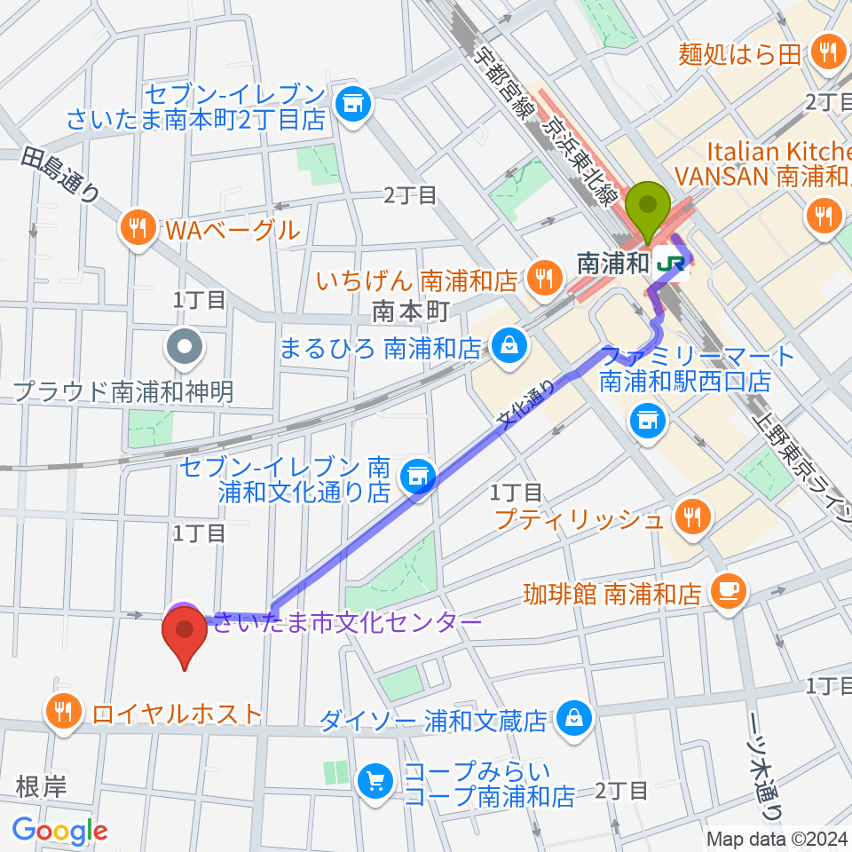 さいたま市文化センターの最寄駅南浦和駅からの徒歩ルート（約11分）地図