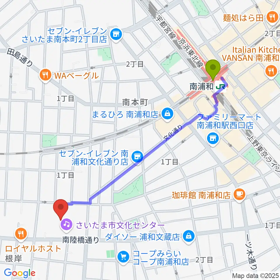 さいたま市文化センターの最寄駅南浦和駅からの徒歩ルート（約11分）地図