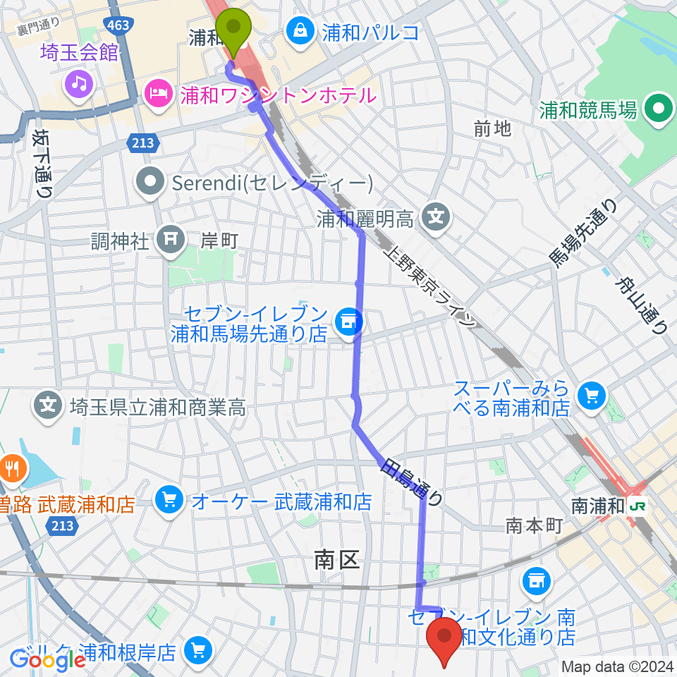 浦和駅からさいたま市文化センターへのルートマップ地図