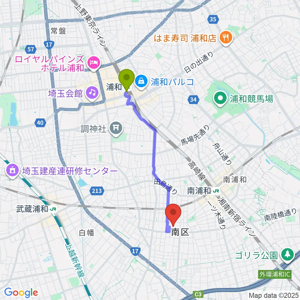 浦和駅からさいたま市文化センターへのルートマップ地図