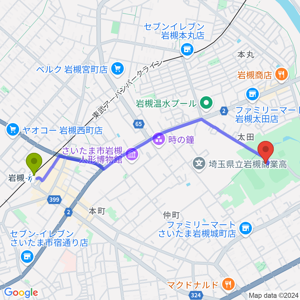 岩槻駅からさいたま市民会館いわつきへのルートマップ地図