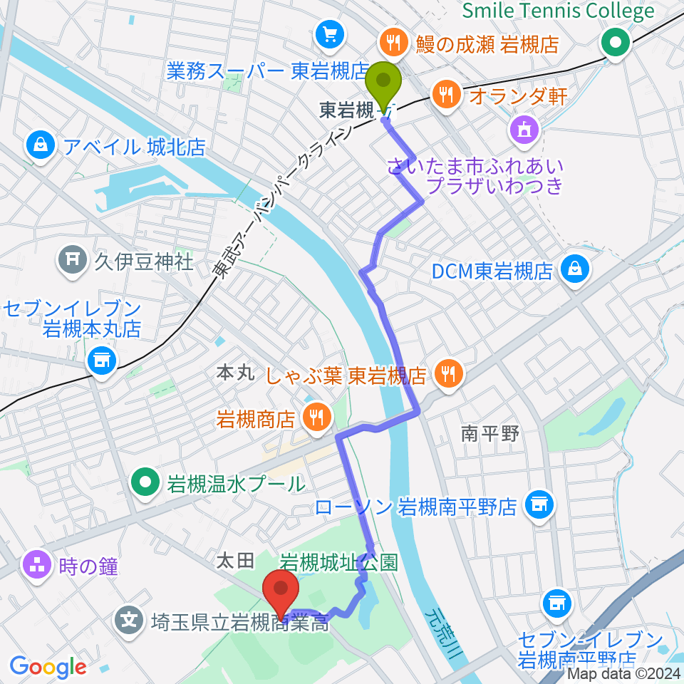 さいたま市民会館いわつきの最寄駅東岩槻駅からの徒歩ルート（約23分）地図