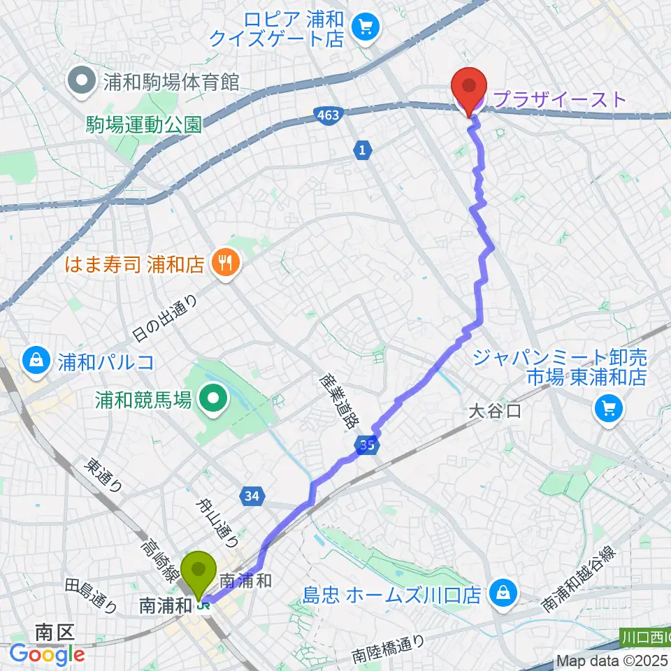 南浦和駅からプラザイーストへのルートマップ地図