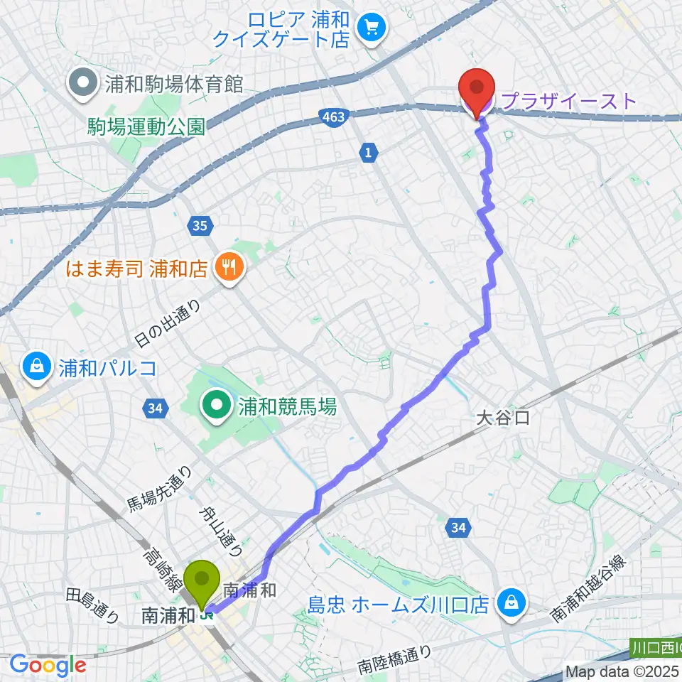 南浦和駅からプラザイーストへのルートマップ地図