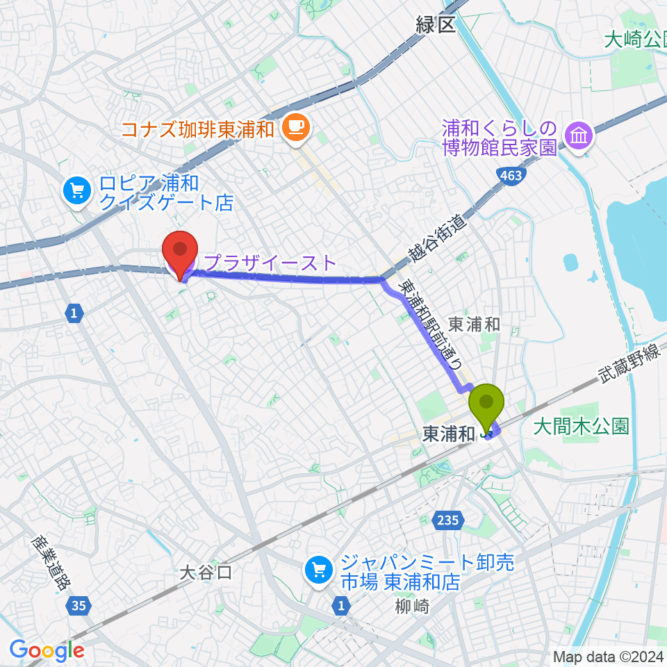 プラザイーストの最寄駅東浦和駅からの徒歩ルート（約32分）地図