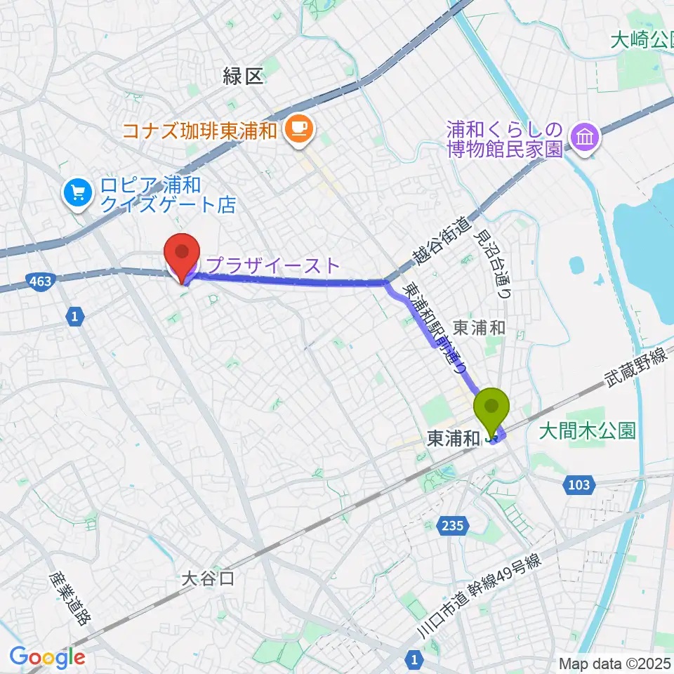 プラザイーストの最寄駅東浦和駅からの徒歩ルート（約32分）地図