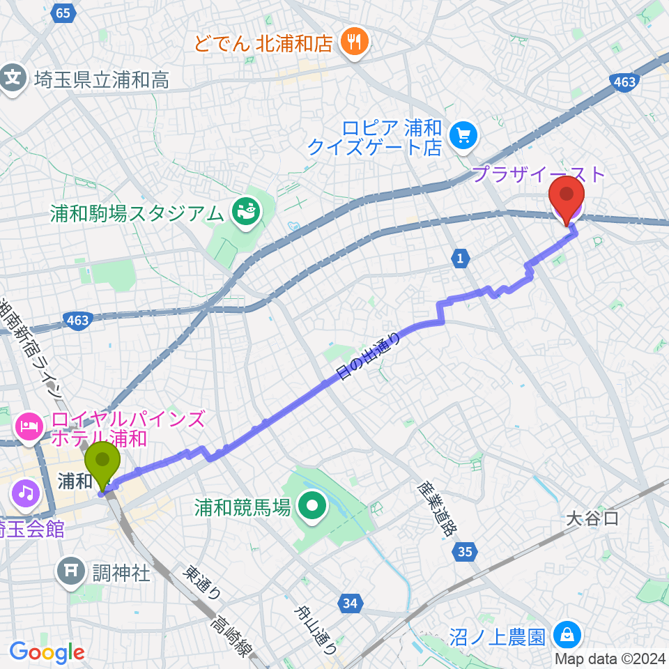 浦和駅からプラザイーストへのルートマップ地図