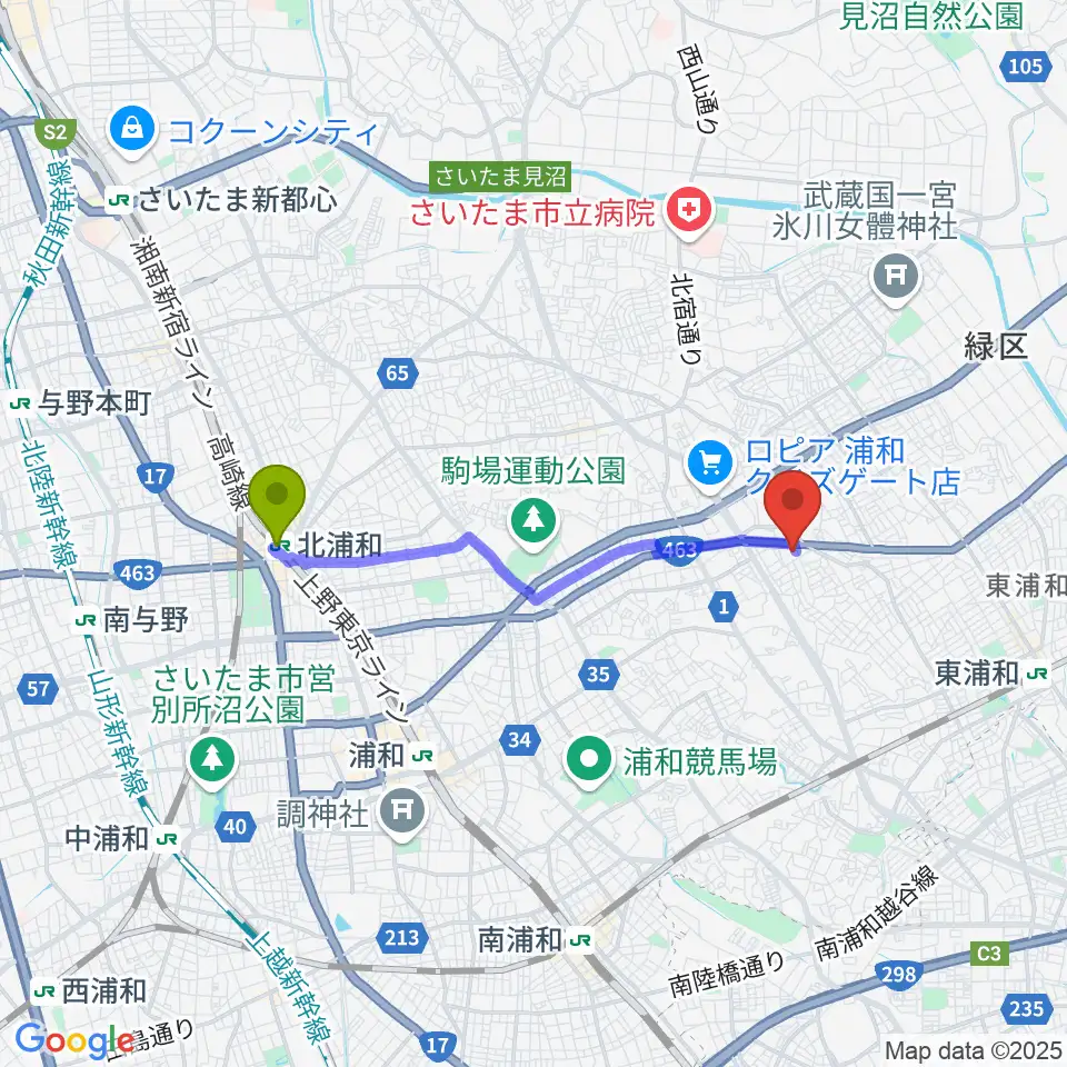 北浦和駅からプラザイーストへのルートマップ地図