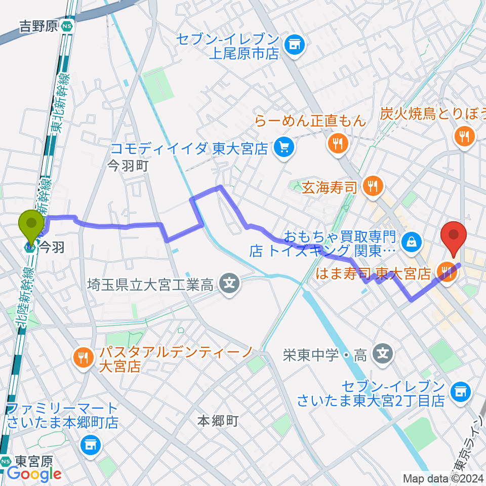 今羽駅から東大宮コミュニティセンターへのルートマップ地図