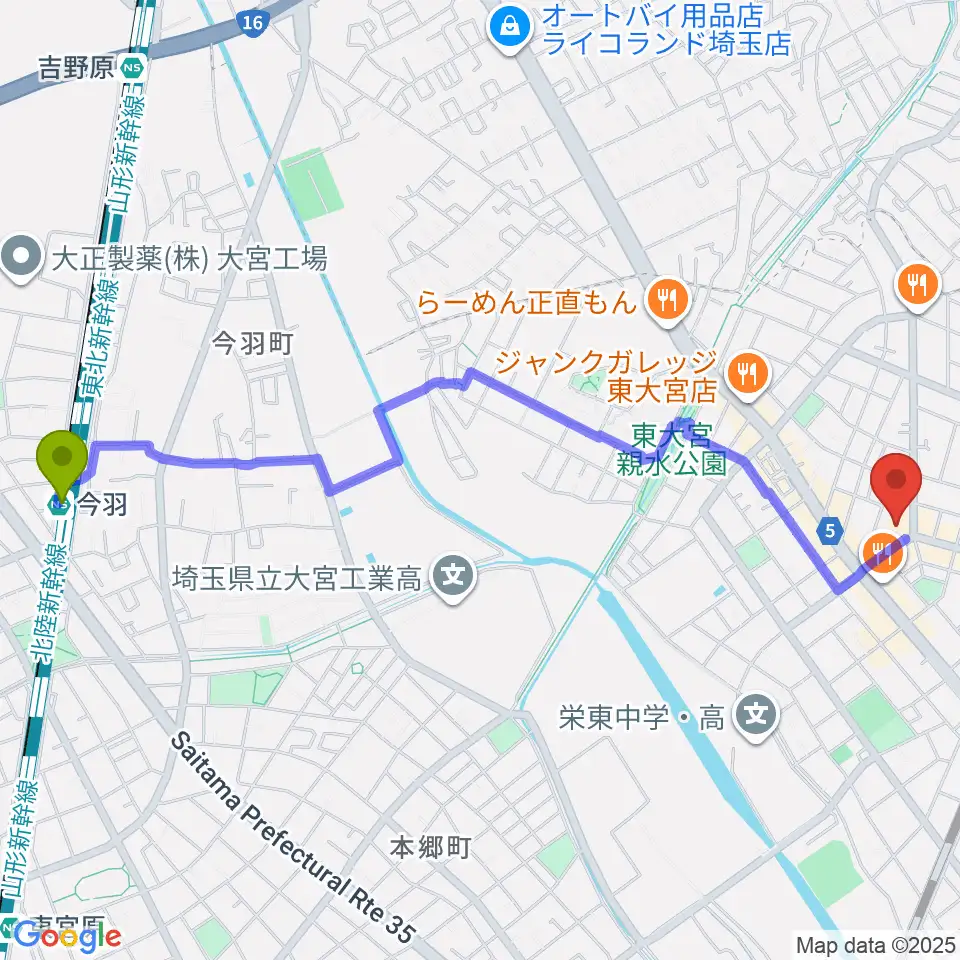 今羽駅から東大宮コミュニティセンターへのルートマップ地図