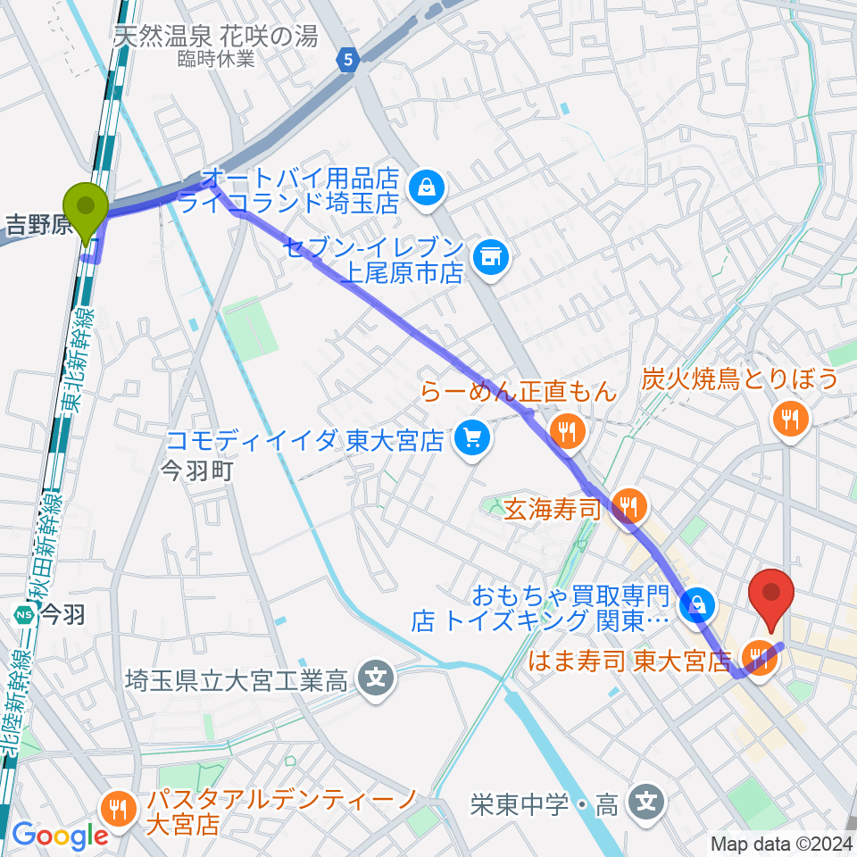 吉野原駅から東大宮コミュニティセンターへのルートマップ地図