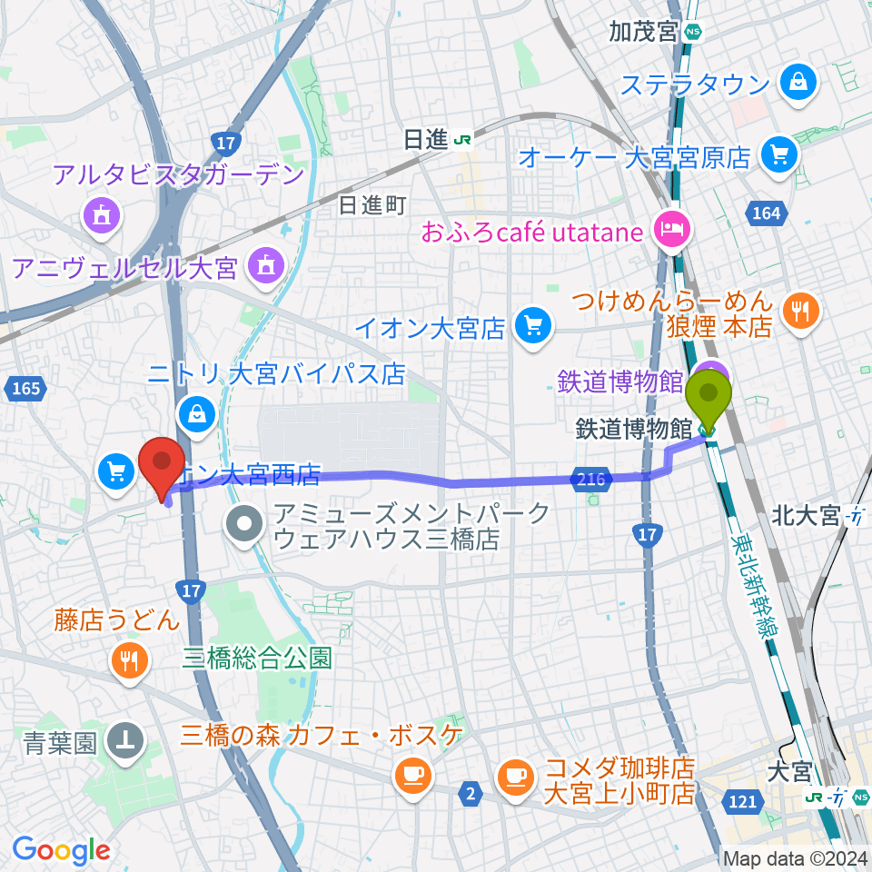 鉄道博物館駅からさいたま市西部文化センターへのルートマップ地図