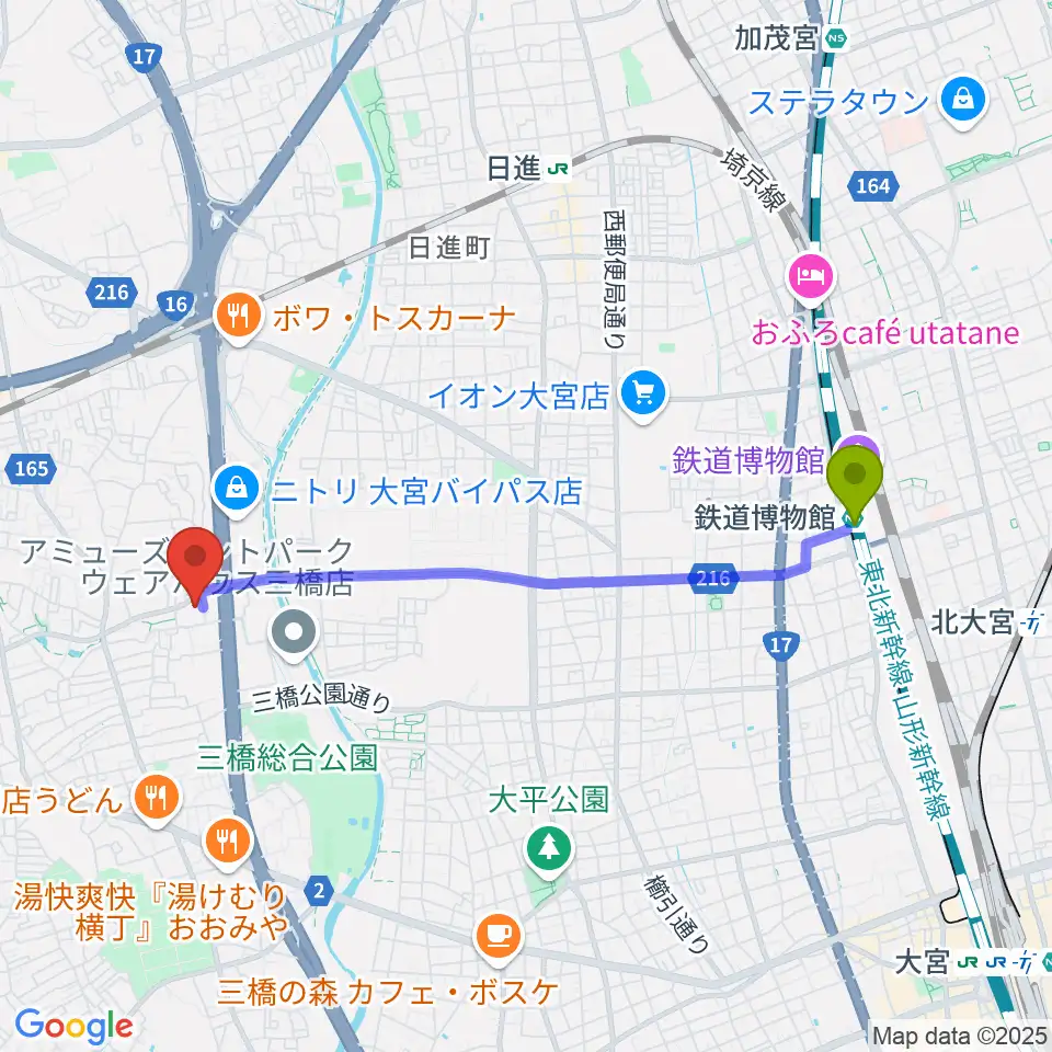 鉄道博物館駅からさいたま市西部文化センターへのルートマップ地図