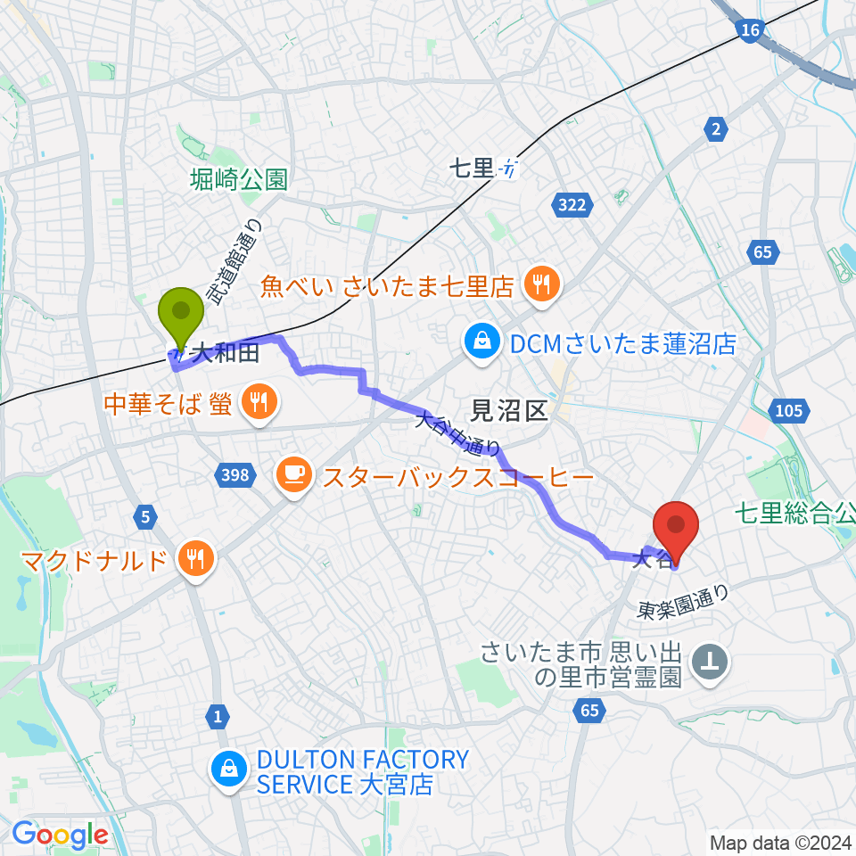 大和田駅から七里コミュニティセンターへのルートマップ地図