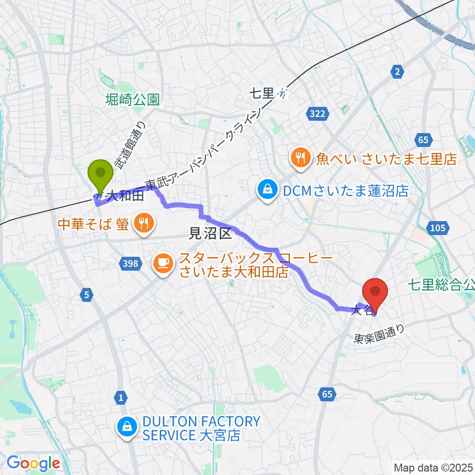 大和田駅から七里コミュニティセンターへのルートマップ地図