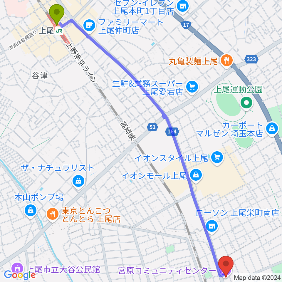 上尾駅から宮原コミュニティセンター へのルートマップ地図