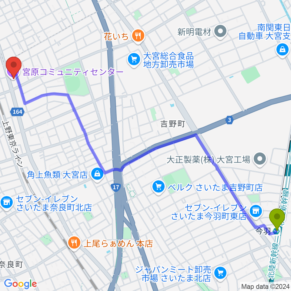 今羽駅から宮原コミュニティセンター へのルートマップ地図