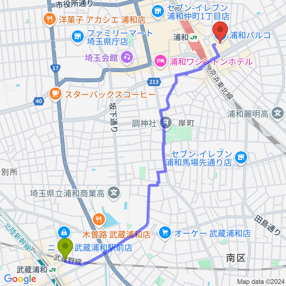 武蔵浦和駅から浦和コミュニティセンター へのルートマップ地図