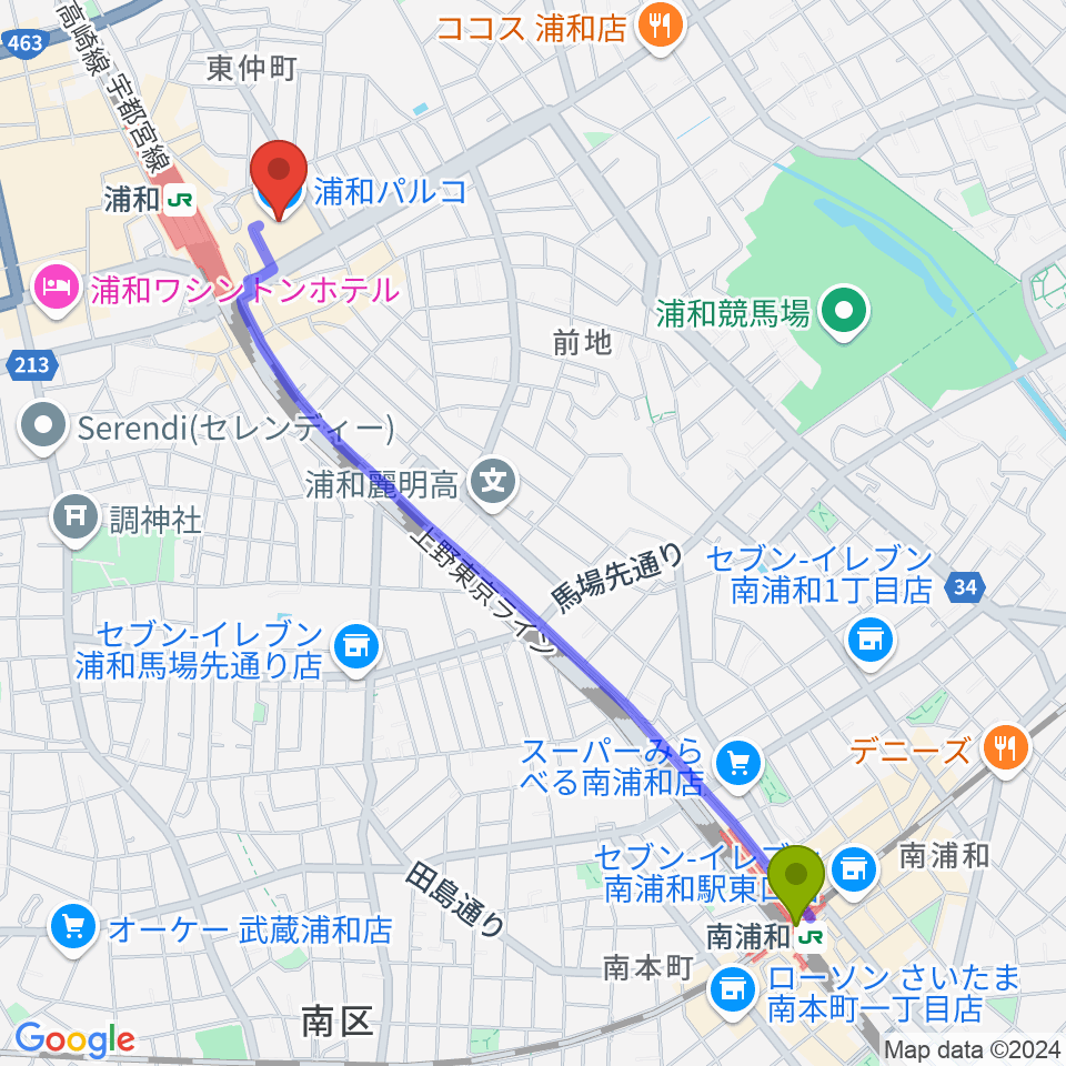 南浦和駅から浦和コミュニティセンター へのルートマップ地図