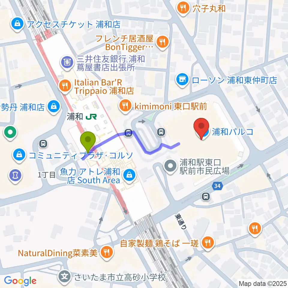 浦和コミュニティセンターの最寄駅浦和駅からの徒歩ルート（約3分）地図