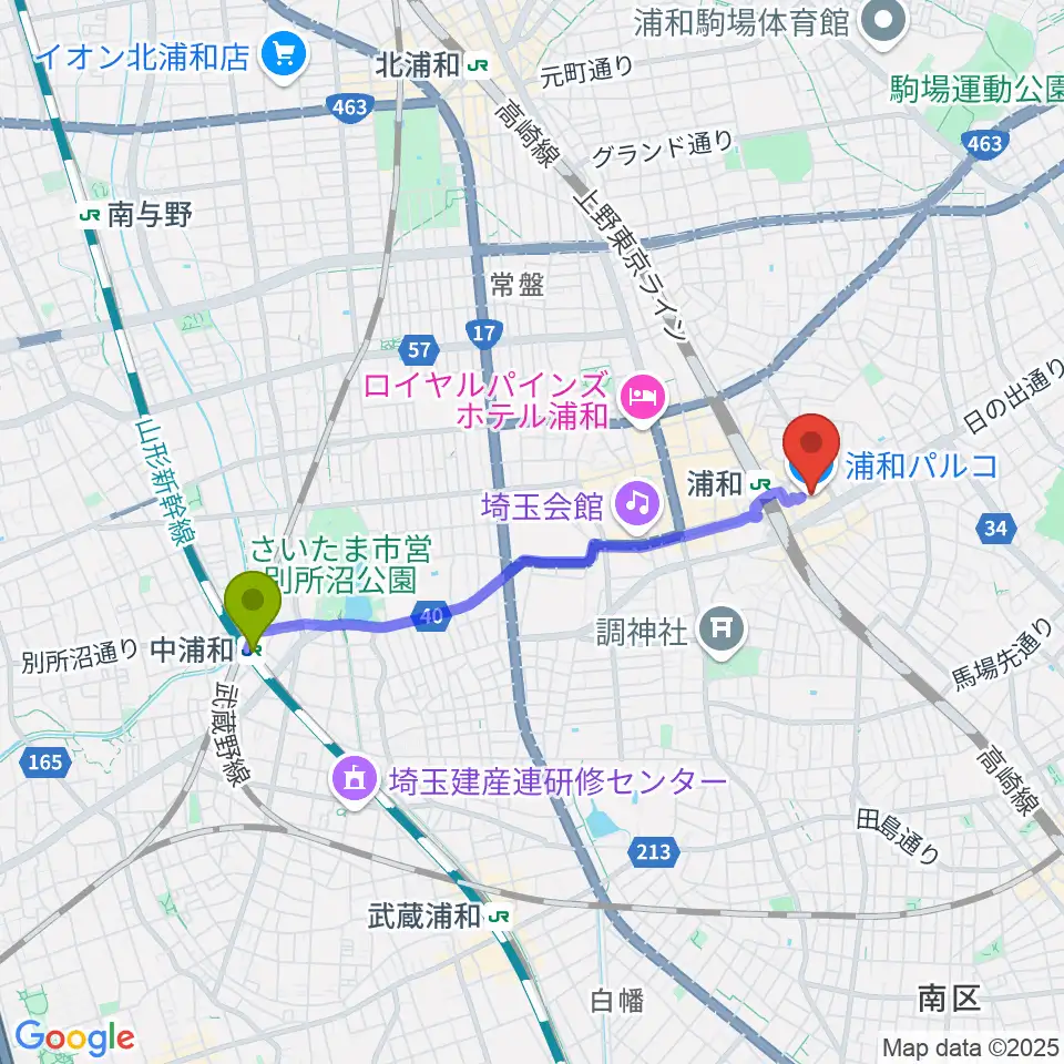 中浦和駅から浦和コミュニティセンターへのルートマップ地図
