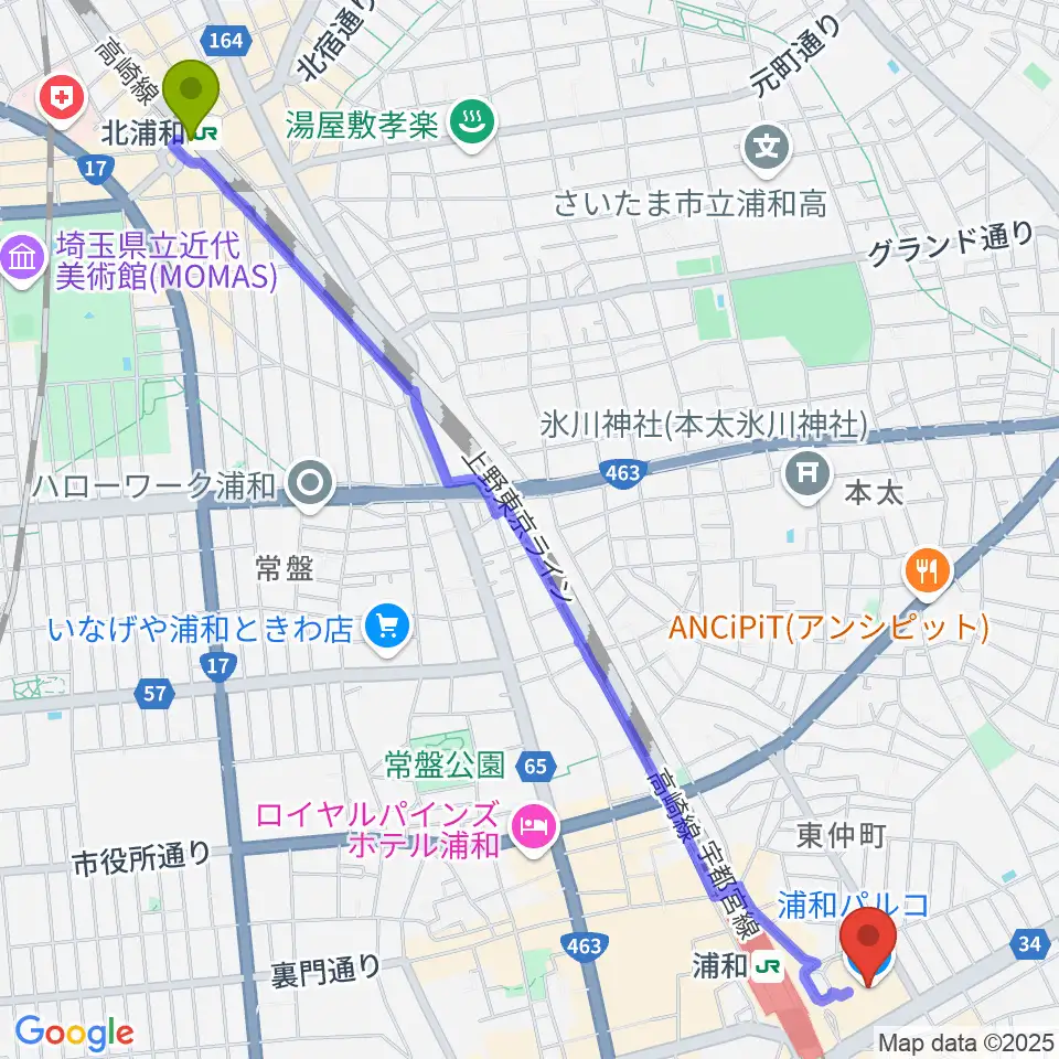 北浦和駅から浦和コミュニティセンターへのルートマップ地図