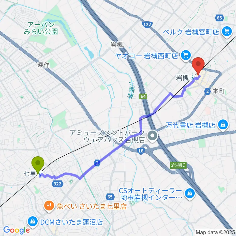 七里駅から岩槻駅東口コミュニティセンターへのルートマップ地図