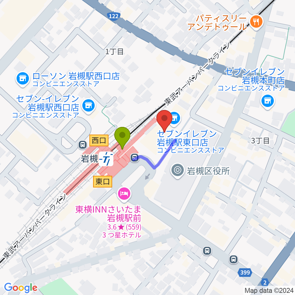 岩槻駅東口コミュニティセンターの最寄駅岩槻駅からの徒歩ルート（約1分）地図