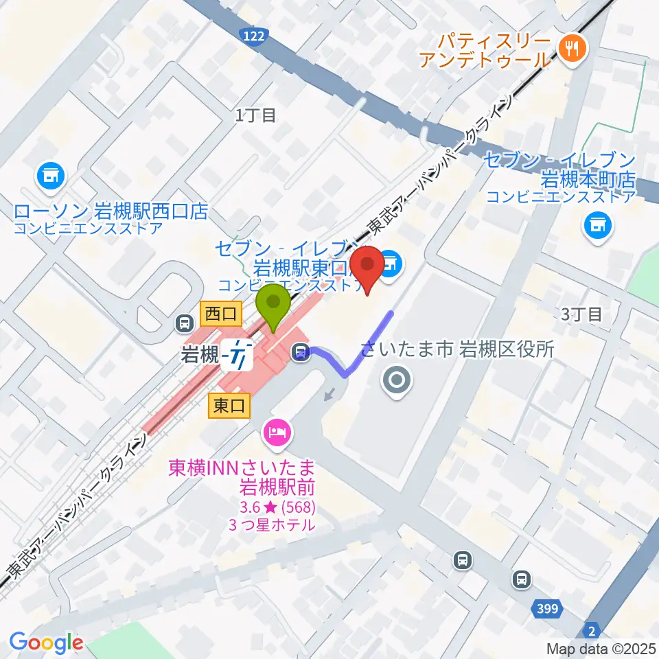 岩槻駅東口コミュニティセンターの最寄駅岩槻駅からの徒歩ルート（約1分）地図