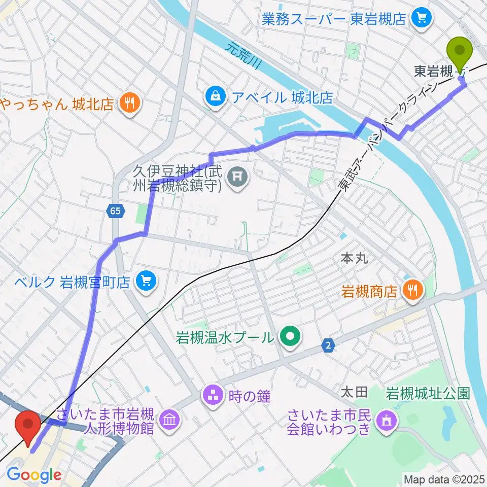 東岩槻駅から岩槻駅東口コミュニティセンターへのルートマップ地図
