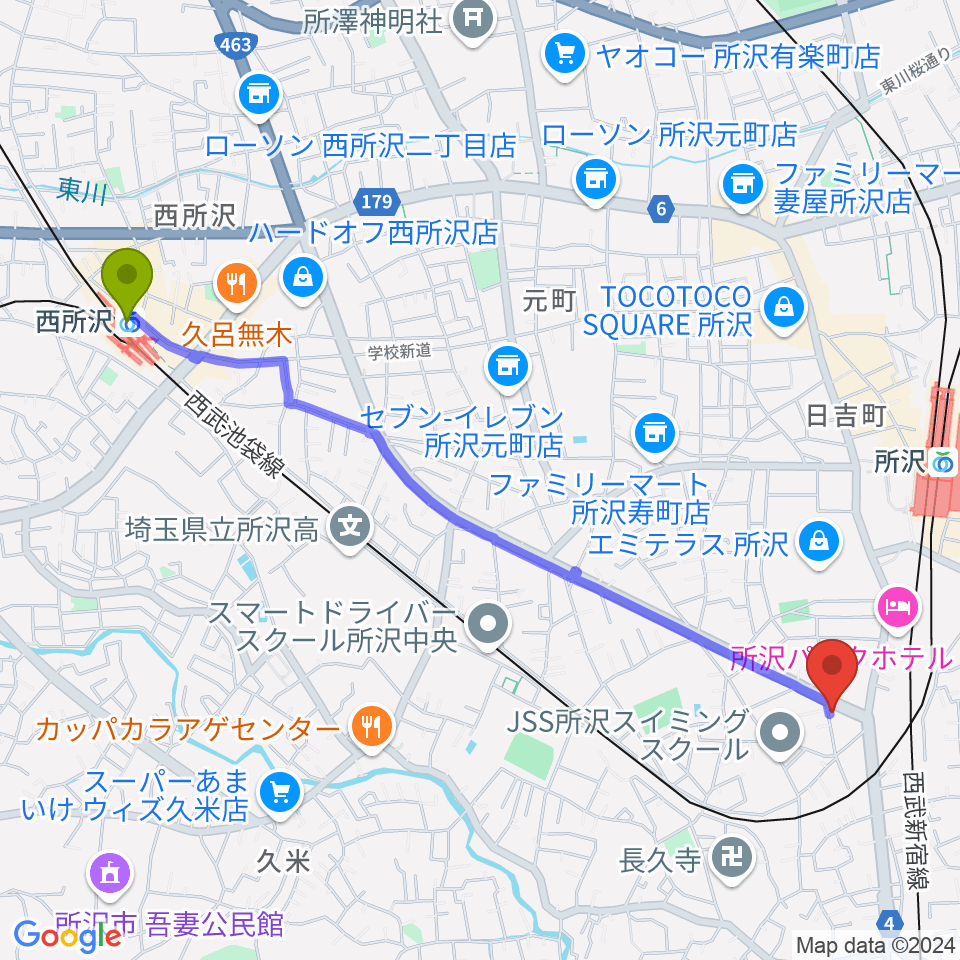 西所沢駅から音楽喫茶MOJOへのルートマップ地図