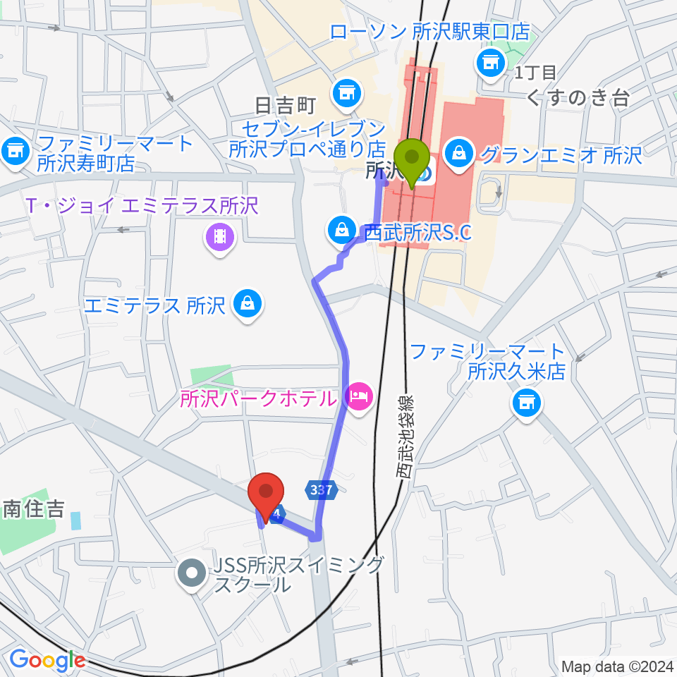 音楽喫茶MOJOの最寄駅所沢駅からの徒歩ルート（約8分）地図