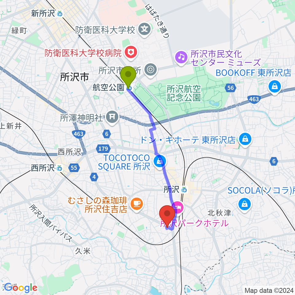 航空公園駅から音楽喫茶MOJOへのルートマップ地図