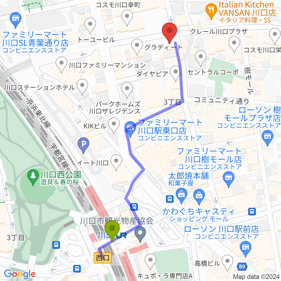 川口キャバリーノの最寄駅川口駅からの徒歩ルート（約6分）地図