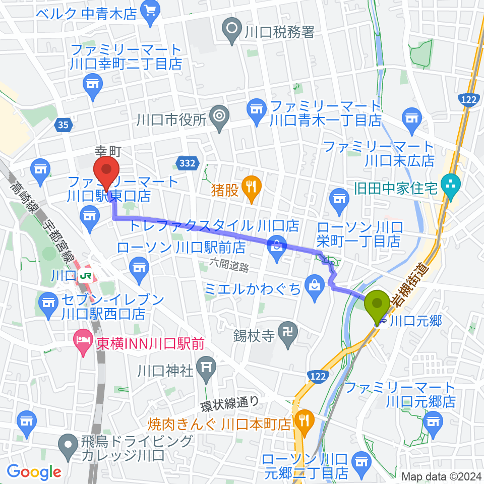 川口元郷駅から川口キャバリーノへのルートマップ地図