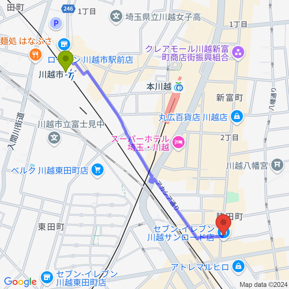 川越市駅から川越Jammin'へのルートマップ地図