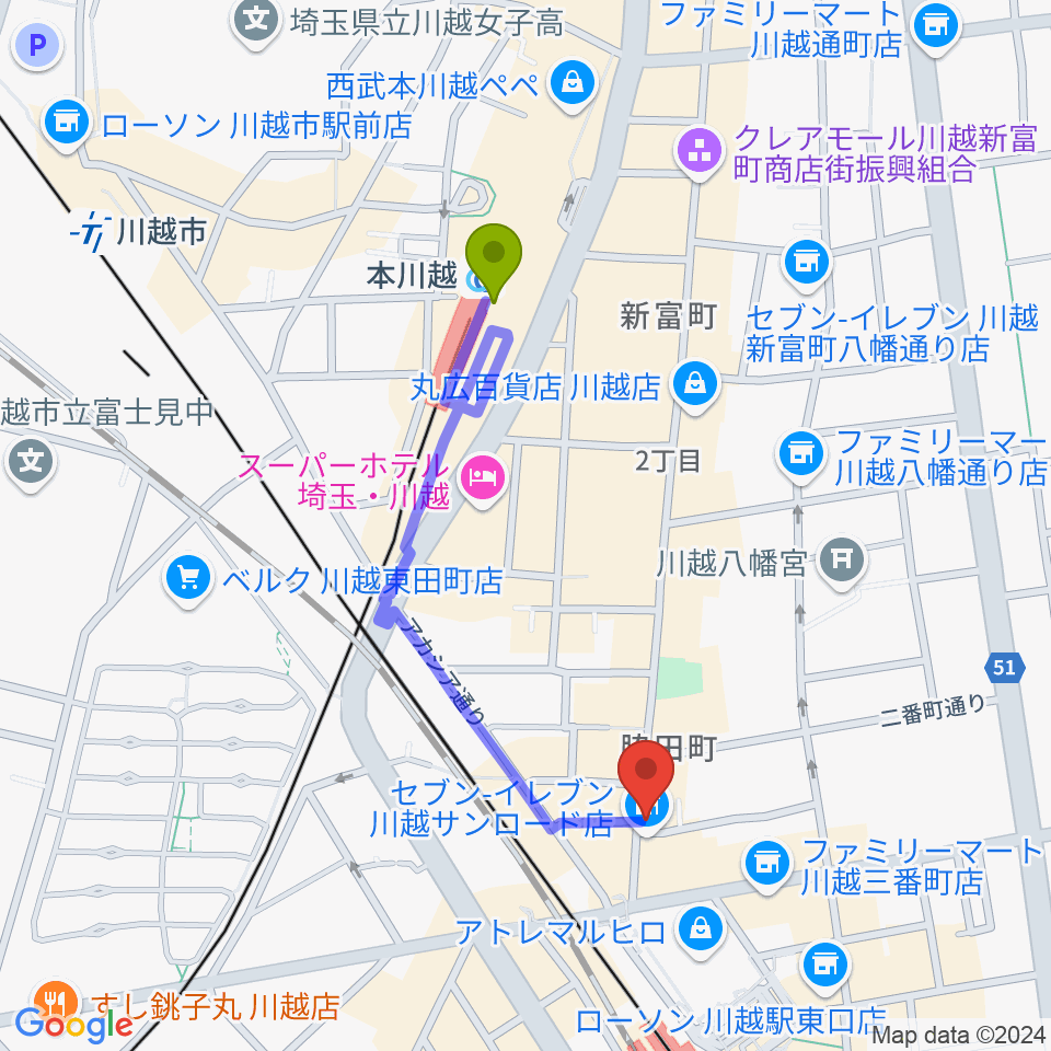 川越Jammin'の最寄駅本川越駅からの徒歩ルート（約8分）地図