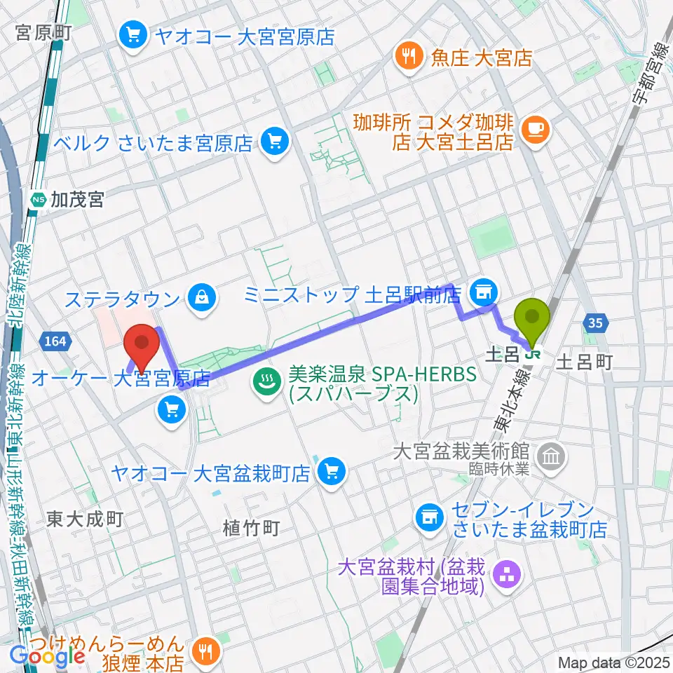 土呂駅からさいたま市プラザノースへのルートマップ地図