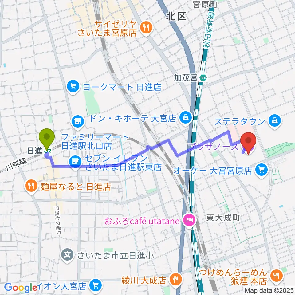 日進駅からさいたま市プラザノースへのルートマップ地図