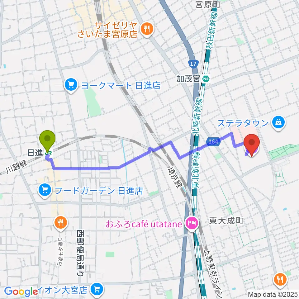 日進駅からさいたま市プラザノースへのルートマップ地図