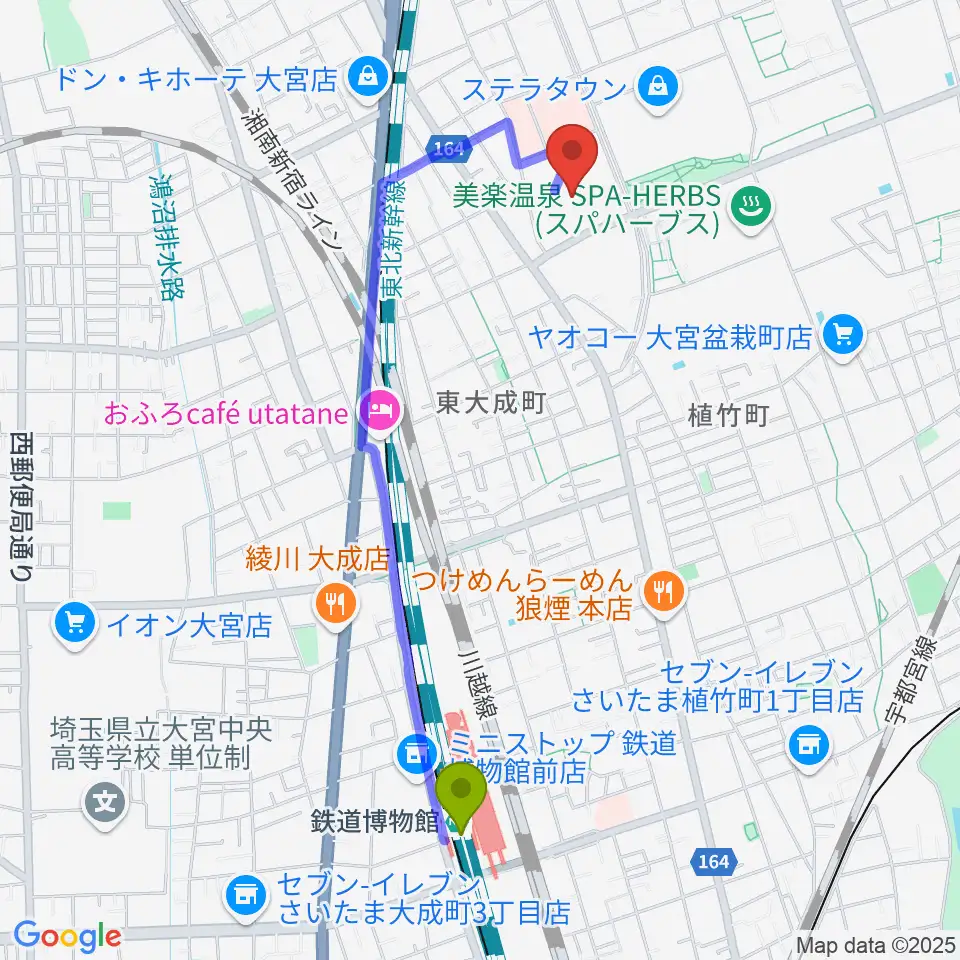 鉄道博物館駅からさいたま市プラザノースへのルートマップ地図