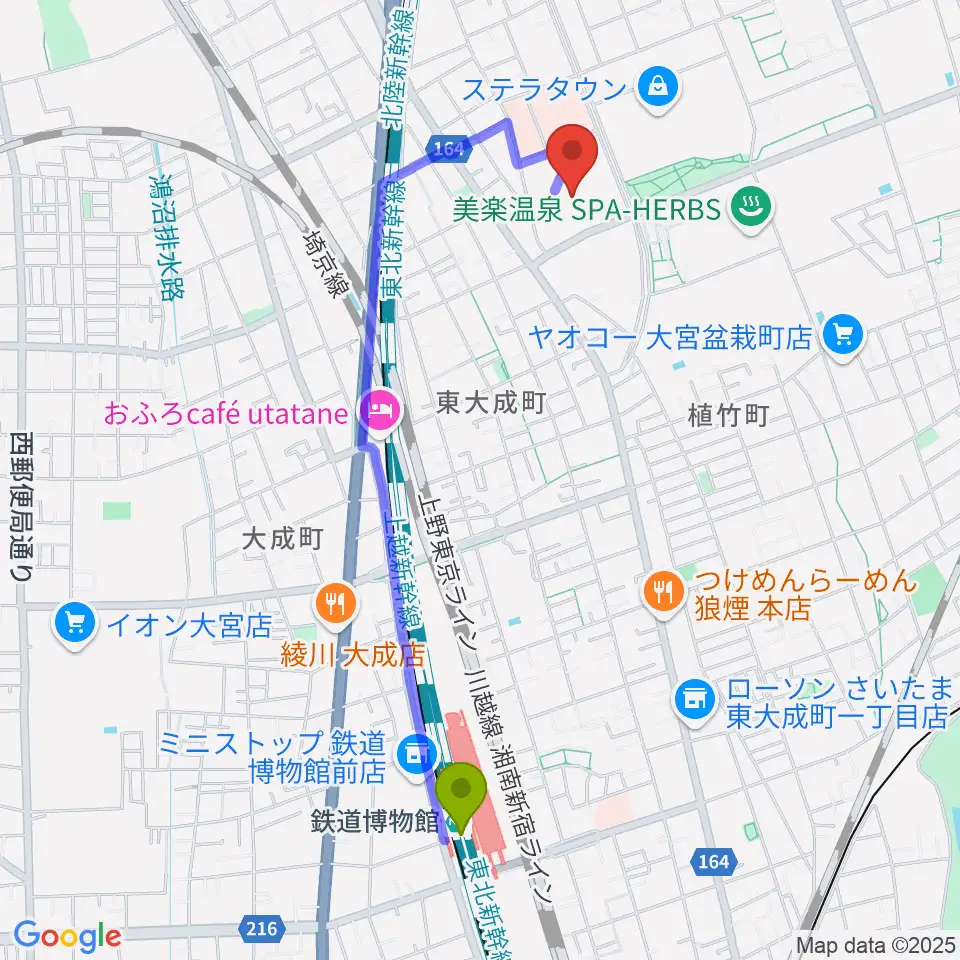 鉄道博物館駅からさいたま市プラザノースへのルートマップ地図