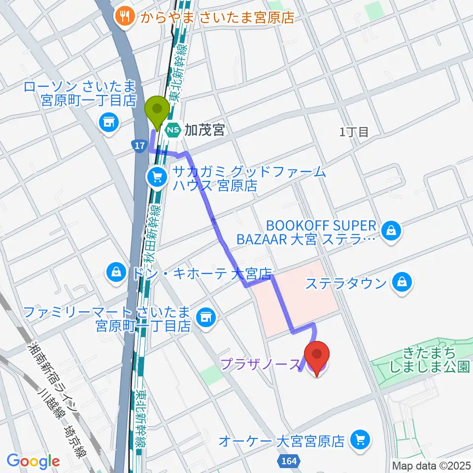 さいたま市プラザノースの最寄駅加茂宮駅からの徒歩ルート（約10分）地図