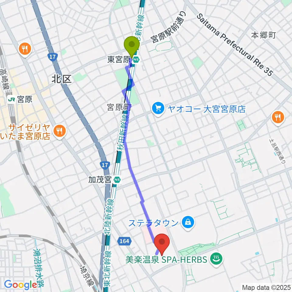 東宮原駅からさいたま市プラザノースへのルートマップ地図