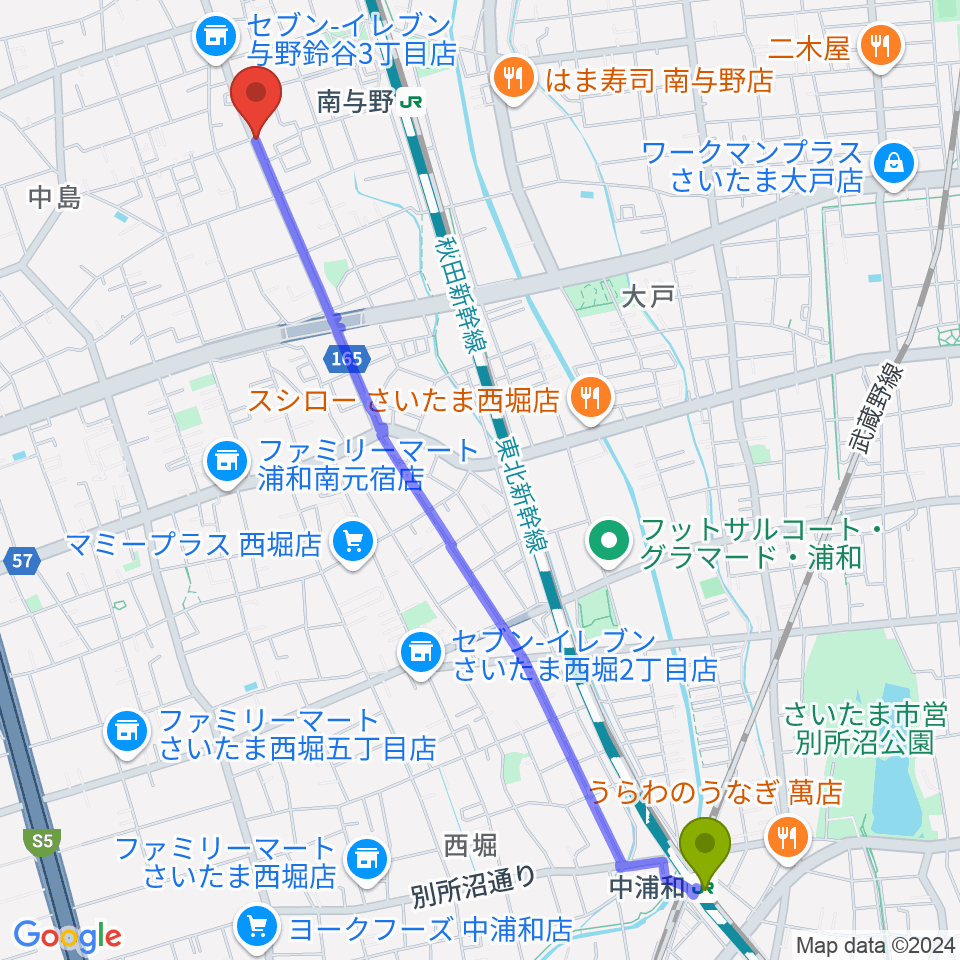 中浦和駅から南与野ジャズマルへのルートマップ地図