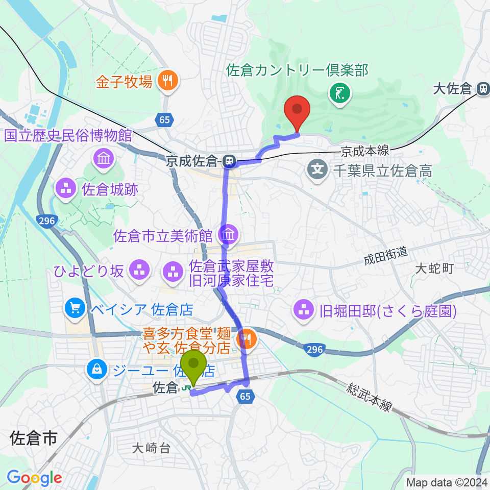 佐倉駅から音楽教室 澤村へのルートマップ地図