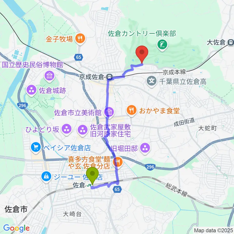 佐倉駅から音楽教室 澤村へのルートマップ地図